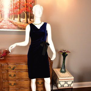 Blue Velvet Dress with Black Bow